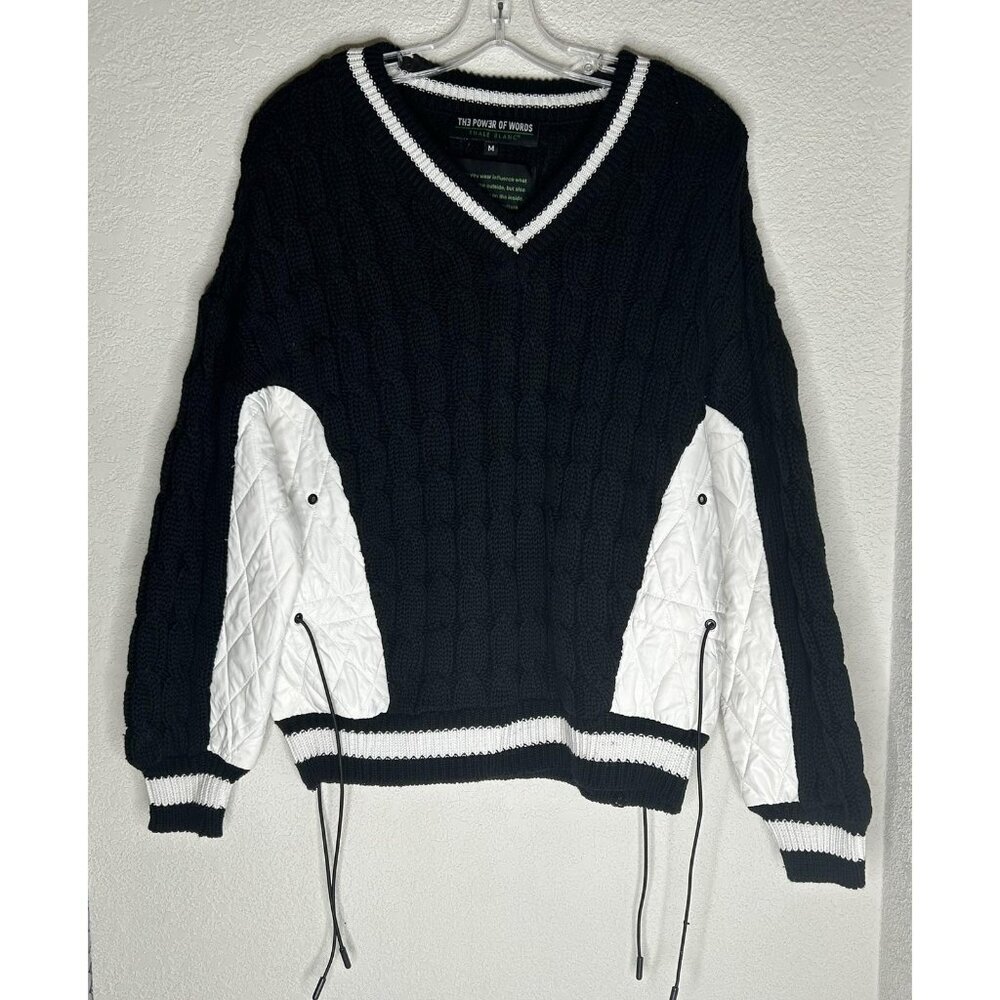 Thale Blanc The Power Of Words Sweater Womens Medium Black White Cable V Neck